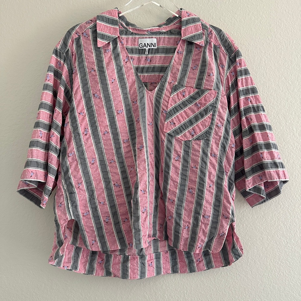 Ganni Pink and Gray Striped Short Sleeve Button-Up Blouse
